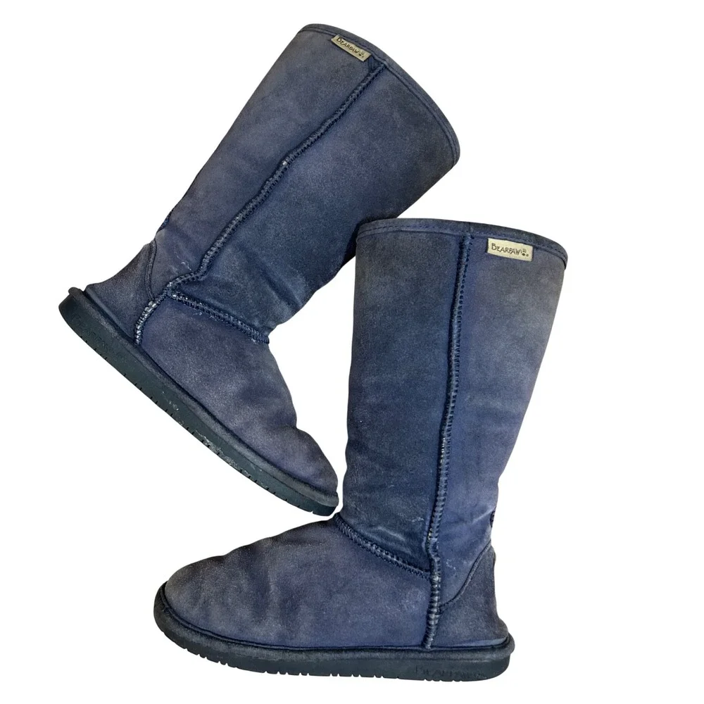 Bearpaw Tall Navy Blue‎ Suede Sheepskin Wool Blend Lining Boots Women 7 Y2K Cozy